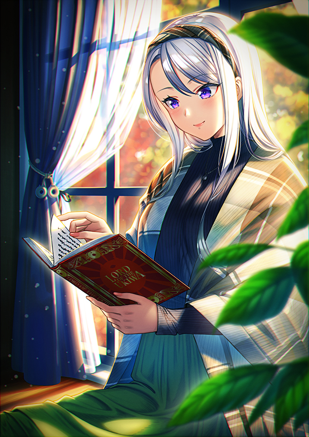 1girl bangs blush book breasts commentary_request curtains enemy_lifebuoy_(kantai_collection) hairband indoors jacket jewelry kantai_collection leaf long_hair long_sleeves necklace reading sagiri_(kantai_collection) silver_hair sitting skirt smile sunlight sweater unowen violet_eyes window