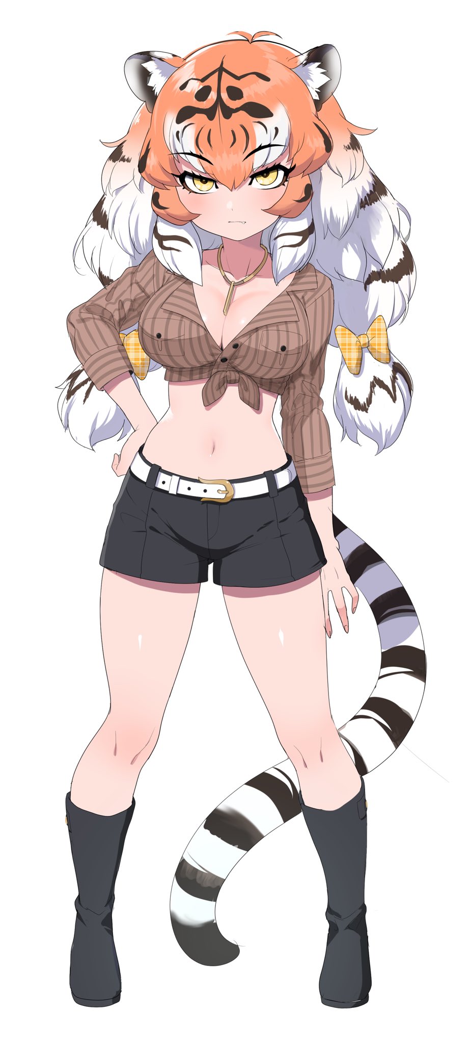 animal_ears animal_print black_hair boots bow commentary_request crop_top denim denim_shorts eyebrows_visible_through_hair hair_bow highres jewelry kemono_friends kemono_friends_3 long_sleeves looking_at_viewer midriff multicolored_hair navel necklace orange_hair ransusan short_shorts shorts siberian_tiger_(kemono_friends) sleeves_rolled_up striped tail tiger_ears tiger_girl tiger_print tiger_tail twintails white_hair yellow_eyes