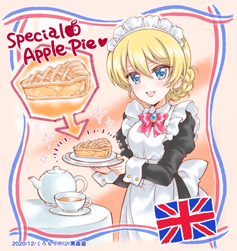 1girl alternate_costume apple_pie apron arrow_(symbol) bangs black_dress blonde_hair blue_eyes blush bow bowtie braid brooch cup darjeeling_(girls_und_panzer) dress english_text enmaided eyebrows_visible_through_hair food frilled_dress frills girls_und_panzer holding holding_food jewelry juliet_sleeves kuromori_yako long_sleeves looking_at_viewer maid maid_apron maid_headdress open_mouth plate puffy_sleeves red_bow saucer short_hair smile sparkle swept_bangs table teacup teapot union_jack