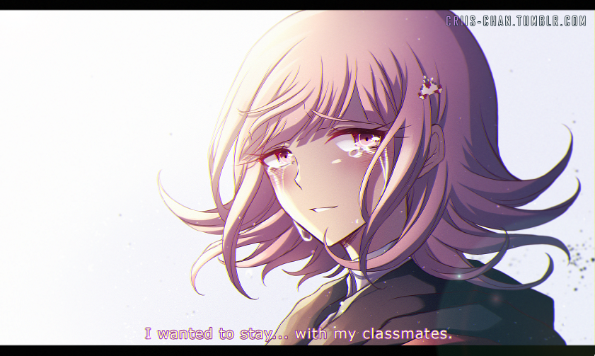 1girl bangs blush criis-chan crying crying_with_eyes_open dangan_ronpa english_text face flipped_hair from_side hair_ornament hairclip head hood hood_down hooded_jacket jacket letterboxed looking_at_viewer nanami_chiaki parted_lips pink_eyes pink_hair sad smile solo spoilers subtitled super_dangan_ronpa_2 tears teeth tumblr_username watermark web_address