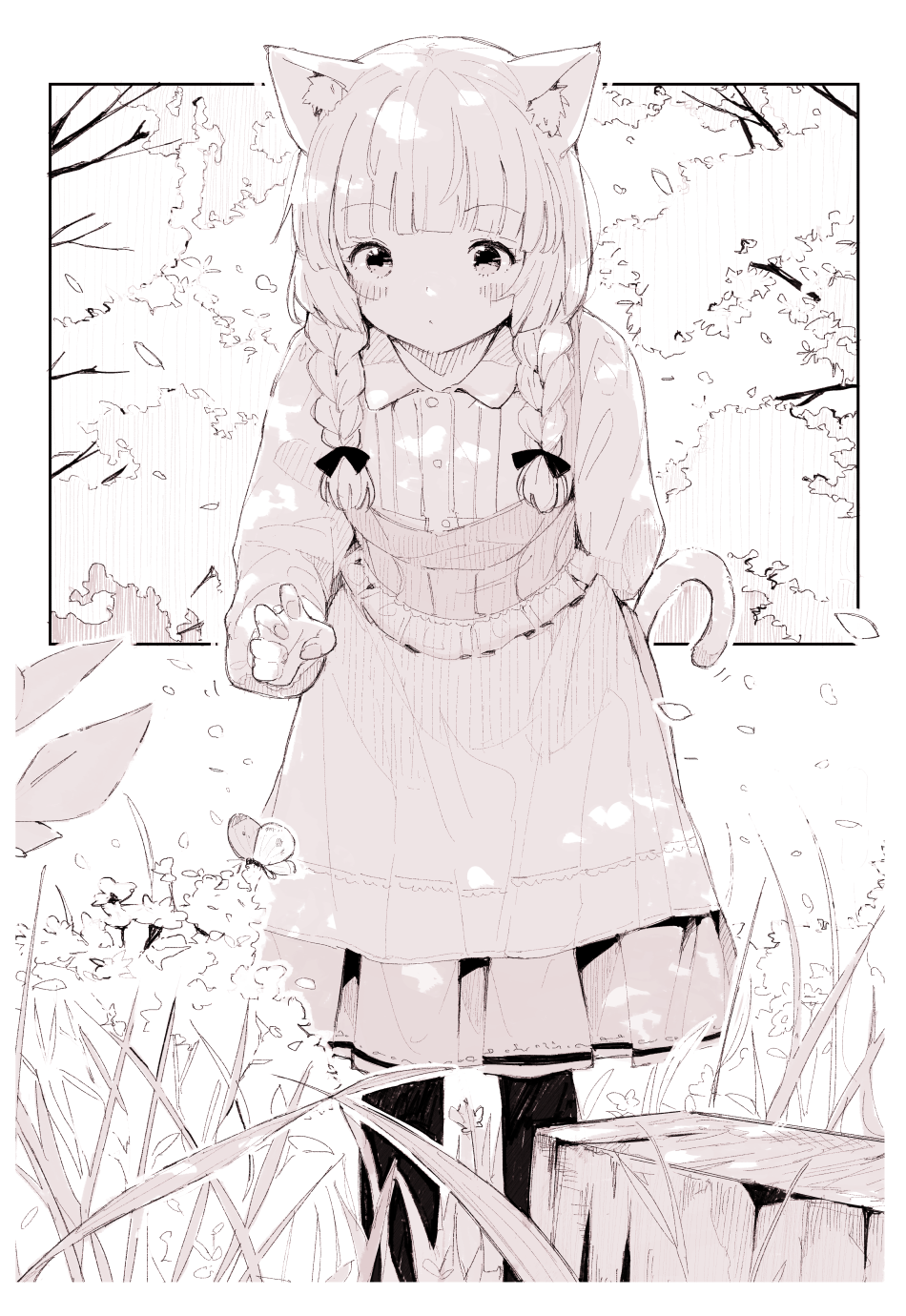 1girl animal_ears braid bug butterfly cat_ears cat_girl cat_tail dress eyebrows_visible_through_hair grass highres insect leoharju long_sleeves monochrome original outdoors solo tail