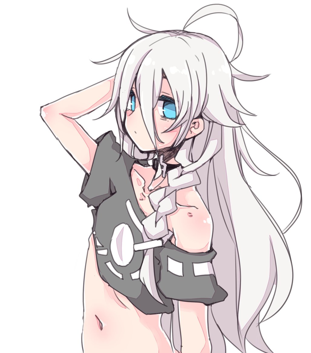 1girl bare_shoulders black_shirt blue_eyes breasts cevio commentary crop_top grey_hair hair_between_eyes hand_in_hair hand_up ia_(vocaloid) long_hair looking_at_viewer midriff miri_(miri_1m) navel off-shoulder_shirt off_shoulder shirt solo under_boob upper_body very_long_hair vocaloid white_background