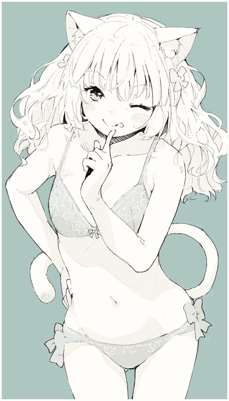 1girl animal_ears blue_background bra cat_ears cat_girl cat_tail eyebrows_visible_through_hair hand_on_hip highres leoharju long_hair looking_at_viewer navel one_eye_closed original panties simple_background solo tail tongue underwear