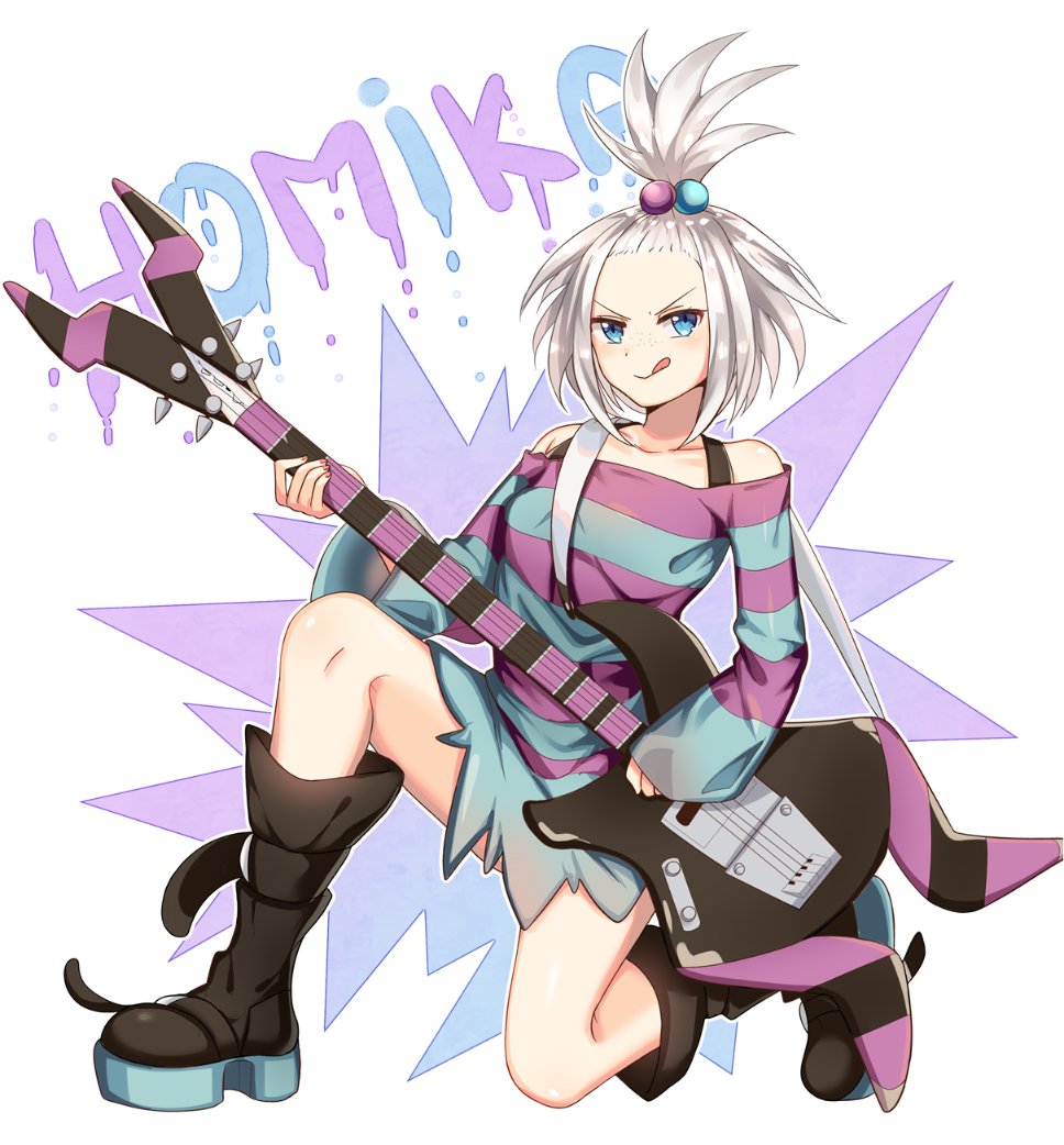 1girl :p bass_guitar blue_eyes boots bra_strap breasts commission dress forehead freckles hair_bobbles hair_ornament instrument looking_at_viewer pokemon pokemon_(game) pokemon_bw2 roxie_(pokemon) small_breasts snowsakura_art snowsakurachan solo strapless strapless_dress striped striped_dress tongue tongue_out topknot
