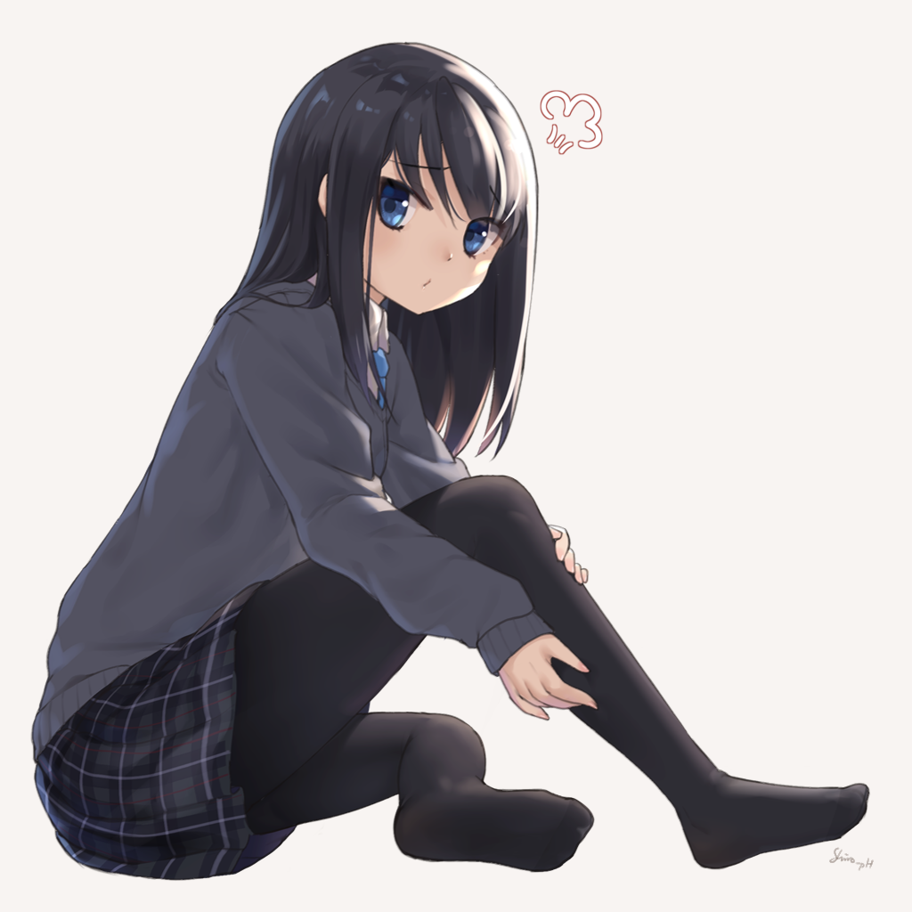 1girl bad_leg black_legwear blue_eyes blue_neckwear full_body grey_sweater long_sleeves necktie no_shoes original pantyhose plaid plaid_skirt school_uniform signature simple_background sitting skirt sweater too-ye