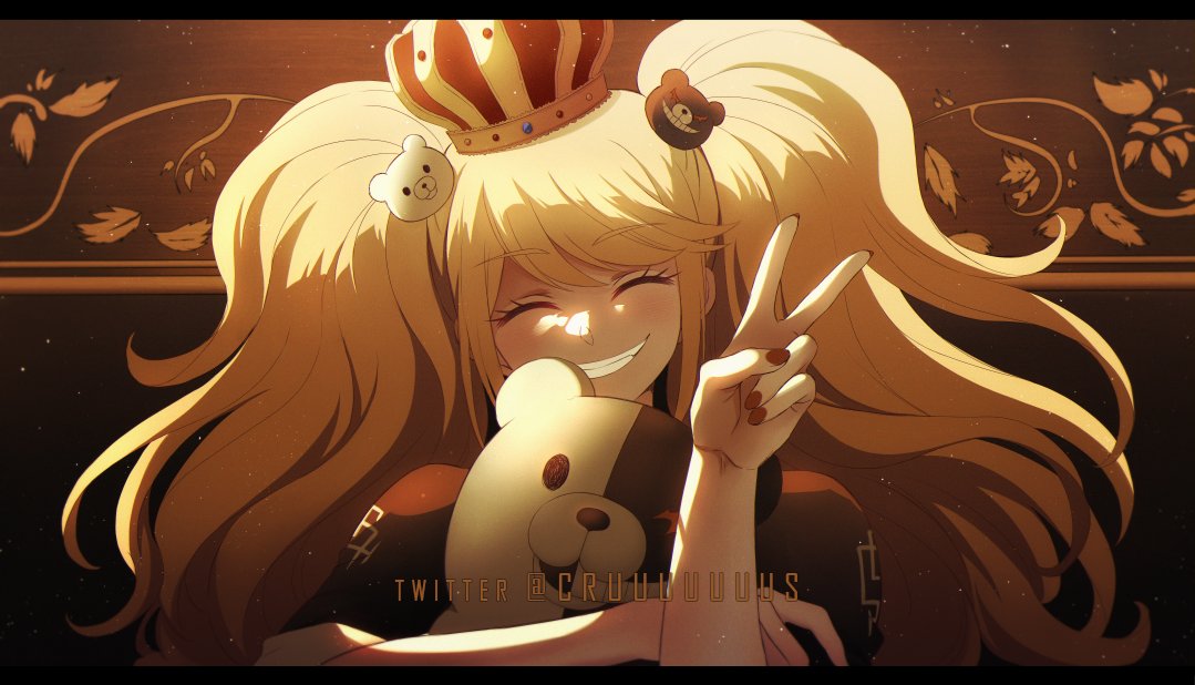 1girl bangs bear_hair_ornament black_shirt blonde_hair blush closed_eyes commentary criis-chan crown dangan_ronpa dangan_ronpa_1 english_commentary enoshima_junko eyebrows_visible_through_hair facing_viewer grin hair_ornament leaf_print letterboxed long_hair monokuma nail_polish red_nails shirt smile solo stuffed_animal stuffed_toy teddy_bear twintails twitter_username upper_body v