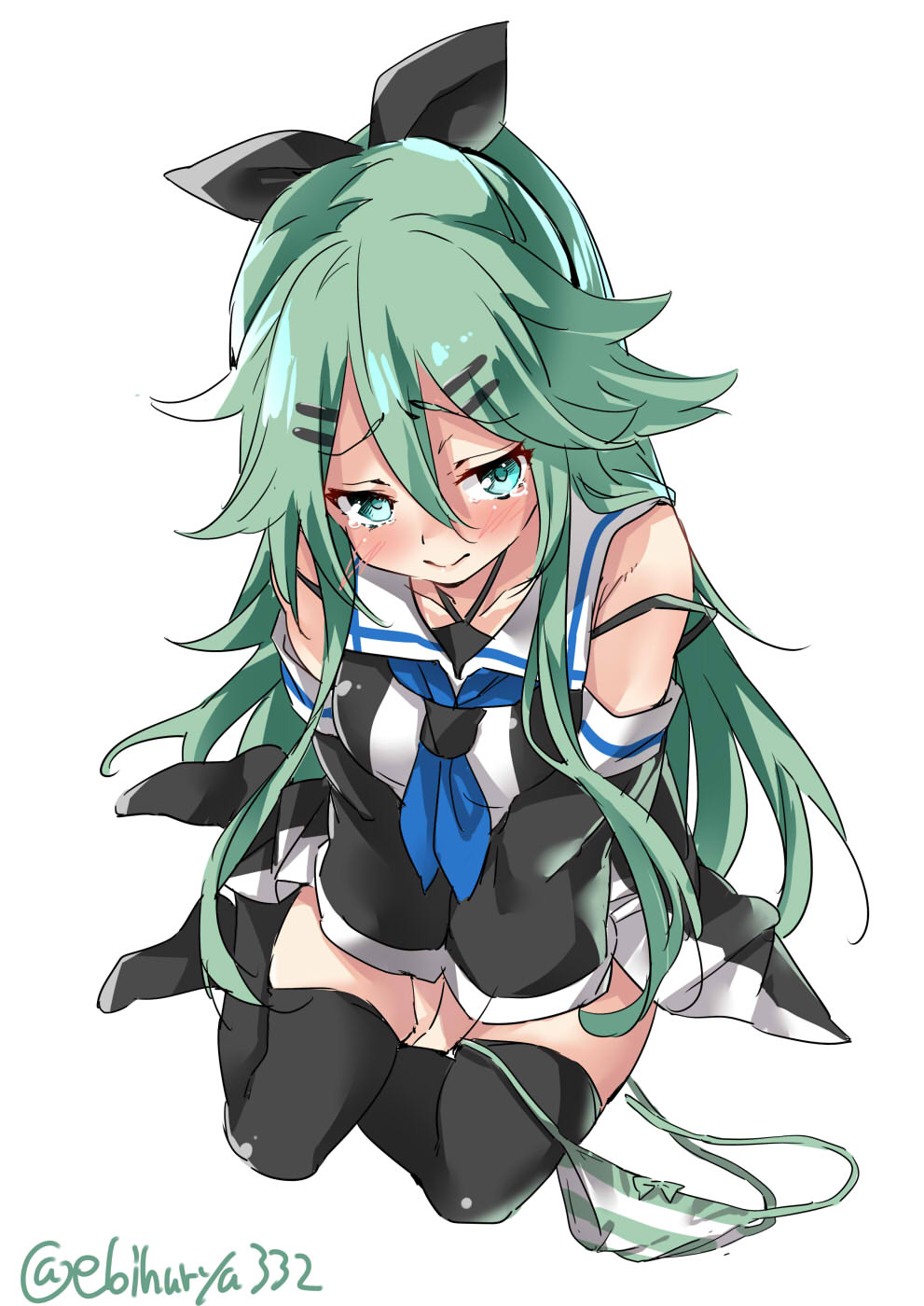 1girl black_legwear blush bow bow_panties breasts closed_mouth commentary_request covering covering_crotch duplicate ebifurya eyebrows_visible_through_hair from_above full_body green_eyes green_hair hair_between_eyes hair_bow hair_ornament hairclip highres kantai_collection long_hair looking_at_viewer neckerchief panties panties_removed school_uniform side-tie_panties simple_background sitting small_breasts solo striped striped_panties tearing_up tears thigh-highs twitter_username underwear very_long_hair white_background yamakaze_(kantai_collection) yokozuwari