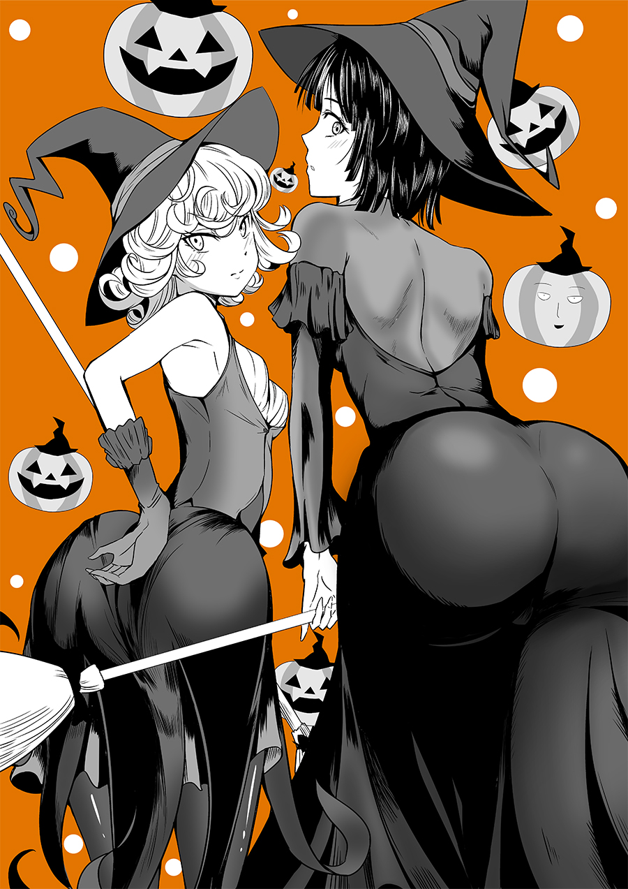 1boy 2girls alternate_costume armpits ass back bare_shoulders black_dress black_hair black_legwear breasts commentary_request curly_hair dress fubuki_(one-punch_man) gloves halloween halloween_costume happy_halloween hat highres jack-o'-lantern kawa long_sleeves looking_at_viewer looking_back multiple_girls one-punch_man orange_background saitama_(one-punch_man) short_hair siblings small_breasts tatsumaki witch witch_hat