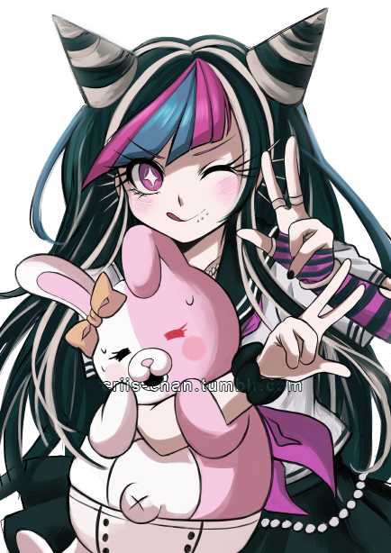 1girl bangs black_hair black_nails black_skirt blue_hair blush commentary criis-chan dangan_ronpa diaper double_w ear_piercing ear_ribbon fingerless_gloves gloves holding jewelry lip_piercing long_hair looking_at_viewer mioda_ibuki monomi_(dangan_ronpa) multicolored_hair neckerchief one_eye_closed piercing pink_eyes pink_hair pleated_skirt ring sailor_collar school_uniform scrunchie serafuku shirt short_sleeves skirt smile striped striped_gloves stuffed_animal stuffed_toy super_dangan_ronpa_2 sweatdrop symbol-shaped_pupils tongue tongue_out w white_hair white_shirt wrist_scrunchie