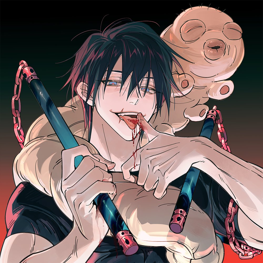 1boy bangs black_background black_hair black_shirt bleeding blood chain fushiguro_touji gradient gradient_background hair_between_eyes hands_up holding holding_staff holding_weapon injury jujutsu_kaisen looking_at_viewer male_focus mayer monster on_shoulder open_mouth red_background shirt short_sleeves smile solo staff three_section_staff tongue tongue_out tsurime upper_body weapon