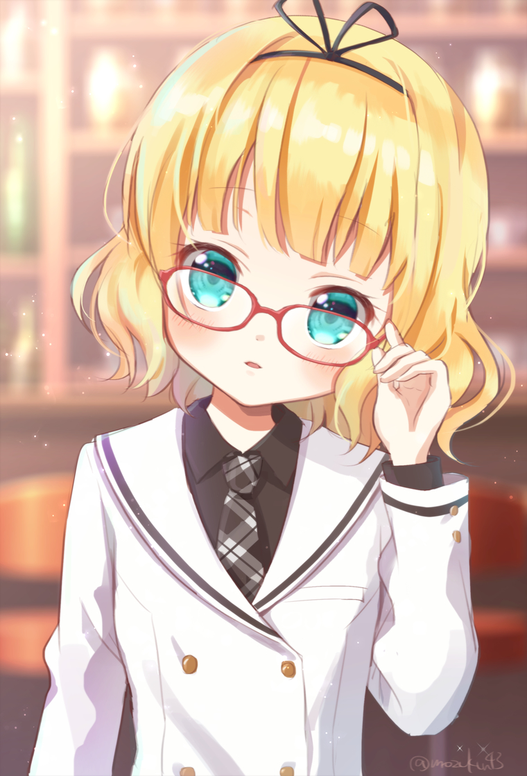 1girl aqua_eyes bangs bespectacled black_ribbon black_shirt blonde_hair blunt_bangs blurry blurry_background blush buttons collared_shirt commentary_request eyebrows_visible_through_hair glasses gochuumon_wa_usagi_desu_ka? grey_neckwear hair_ribbon kirima_sharo long_sleeves looking_at_viewer mozukun43 necktie open_mouth plaid_neckwear red-framed_eyewear ribbon school_uniform shirt short_hair solo tedeza_rize's_school_uniform twitter_username upper_body wavy_hair white_neckwear