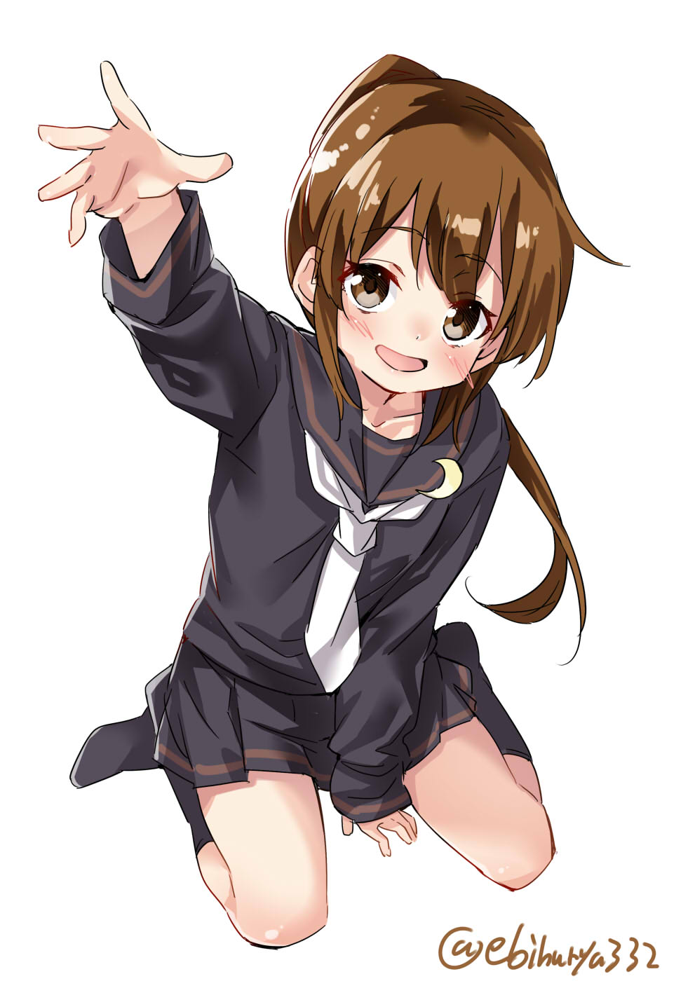 1girl black_legwear black_serafuku black_shirt black_skirt blush brown_eyes brown_hair commentary_request crescent crescent_moon_pin ebifurya eyebrows_visible_through_hair full_body fumizuki_(kantai_collection) hair_between_eyes highres kantai_collection kneehighs long_hair long_sleeves looking_at_viewer miniskirt necktie open_mouth outstretched_arm ponytail school_uniform seiza serafuku shirt simple_background sitting skirt solo twitter_username white_background white_neckwear