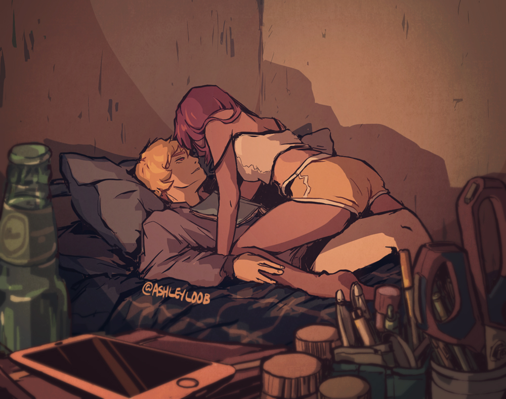 androgynous artist_name ashleyloob bed blonde_hair blurry bottle camisole cellphone couple depth_of_field girl_on_top imminent_kiss lying original pen pen_holder phone pillow redhead scissors shadow shirt shorts strap_slip sweater twitter_username white_shirt yellow_shorts