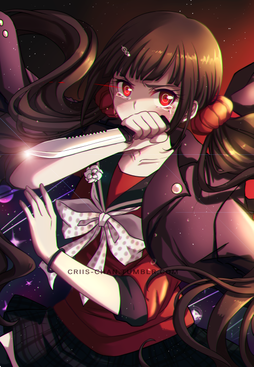 1girl bangs black_background black_legwear black_skirt blunt_bangs bow brown_hair collarbone commentary criis-chan crying crying_with_eyes_open dangan_ronpa floating_hair hair_ornament hair_scrunchie hairclip hand_up harukawa_maki holding holding_knife holding_weapon jacket jacket_on_shoulders knife long_hair long_sleeves looking_at_viewer low_twintails miniskirt mole mole_under_eye new_dangan_ronpa_v3 plaid plaid_skirt polka_dot polka_dot_bow purple_jacket red_background red_eyes red_scrunchie red_shirt sailor_collar school_uniform scrunchie shirt skirt sleeves_past_elbows solo space_print starry_sky_print tears thigh-highs twintails upper_body weapon