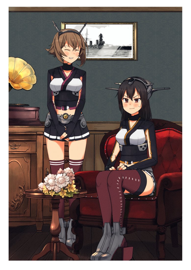 2girls ^_^ annin_musou black_gloves black_hair black_skirt blush breasts brown_eyes brown_hair brown_legwear closed_eyes closed_mouth embarrassed eyebrows_visible_through_hair flower gloves hair_between_eyes headgear kantai_collection large_breasts long_hair multiple_girls mutsu_(kantai_collection) nagato_(kantai_collection) partially_fingerless_gloves phonograph picture_(object) pink_flower pleated_skirt rudder_footwear short_hair sitting skirt thigh-highs white_flower white_skirt yellow_flower