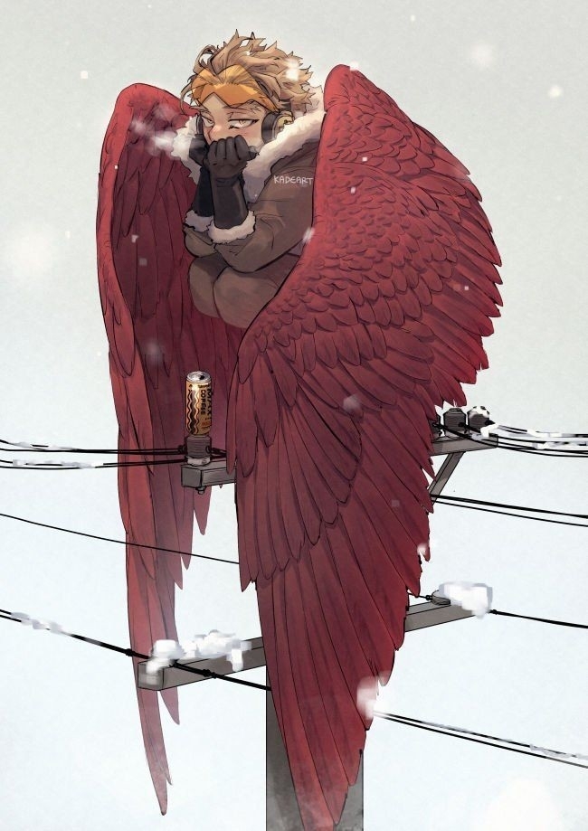 1boy bangs black_gloves blonde_hair boku_no_hero_academia can closed_eyes feathered_wings full_body fur_trim gloves grey_background hands_over_mouth hawks_(boku_no_hero_academia) kadeart large_wings looking_at_viewer male_focus red_wings short_hair simple_background snow solo squatting utility_pole wings