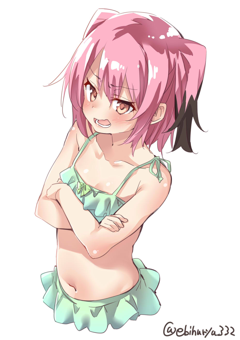1girl bikini bikini_skirt black_hair blush breasts collarbone commentary_request crossed_arms duplicate ebifurya eyebrows_visible_through_hair frilled_bikini frills green_bikini hair_between_eyes highres kantai_collection kunashiri_(kantai_collection) long_hair looking_at_viewer multicolored_hair navel open_mouth pink_hair red_eyes simple_background small_breasts solo swimsuit teeth twitter_username two_side_up white_background
