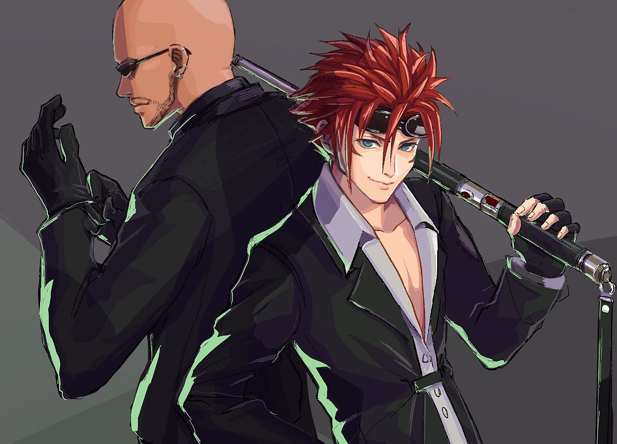 2boys adjusting_clothes adjusting_gloves aqua_eyes back-to-back bald bangs baton_(weapon) black_gloves black_jacket black_shirt black_suit collared_shirt earrings facial_hair facial_mark final_fantasy final_fantasy_vii final_fantasy_vii_remake fingerless_gloves formal gloves goatee goggles goggles_on_head grey_background hair_between_eyes jacket jewelry looking_at_viewer male_focus multiple_boys multiple_earrings open_collar over_shoulder parted_bangs redhead reno_(ff7) rude_(ff7) shirt short_hair smile spiky_hair suit suit_jacket sunglasses upper_body uxspwt1u79uz1gu weapon weapon_over_shoulder white_shirt