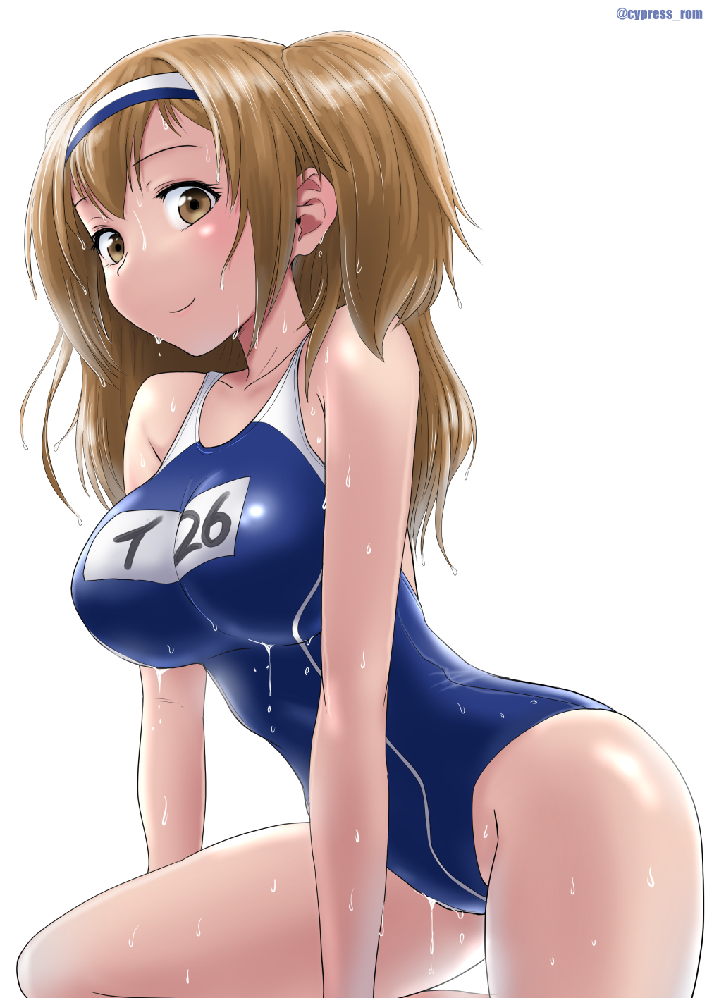 1girl breasts brown_eyes clothes_writing collarbone cypress eyebrows_visible_through_hair hair_ribbon hairband highres i-26_(kantai_collection) kantai_collection large_breasts light_brown_eyes light_brown_hair long_hair looking_at_viewer name_tag new_school_swimsuit one-piece_swimsuit ribbon school_swimsuit sitting solo swimsuit twitter_username two-tone_hairband two_side_up wariza wet wet_clothes wet_swimsuit