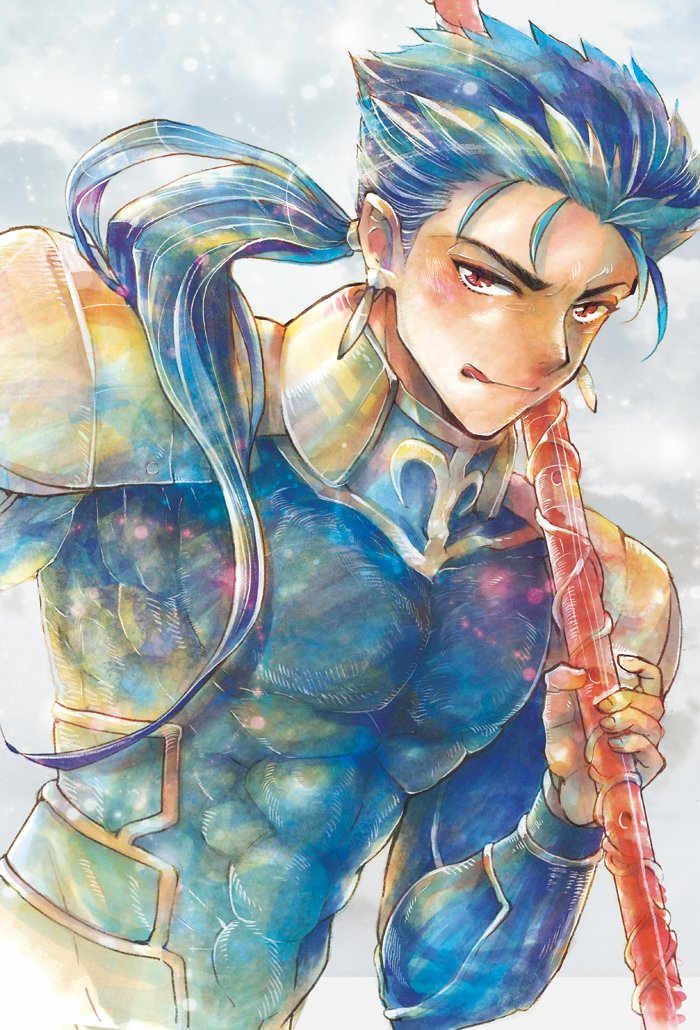 1boy abs blue_hair bodysuit cu_chulainn_(fate)_(all) earrings fate/stay_night fate_(series) floating_hair gae_bolg holding holding_polearm holding_weapon jewelry lancer licking_lips long_hair male_focus ousaka_tama pectorals polearm ponytail red_eyes skin_tight slit_pupils solo spiky_hair tongue tongue_out type-moon weapon