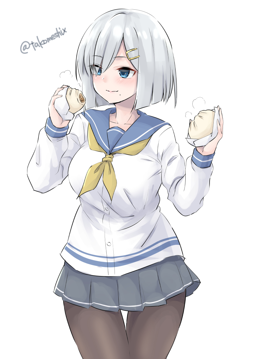 1girl baozi black_legwear blue_eyes blue_sailor_collar closed_mouth collarbone cowboy_shot eating food grey_skirt hair_ornament hair_over_one_eye hairclip hamakaze_(kantai_collection) highres holding holding_food kantai_collection long_sleeves neckerchief pantyhose pleated_skirt sailor_collar school_uniform serafuku short_hair silver_hair simple_background skirt solo takomeshi twitter_username white_background yellow_neckwear