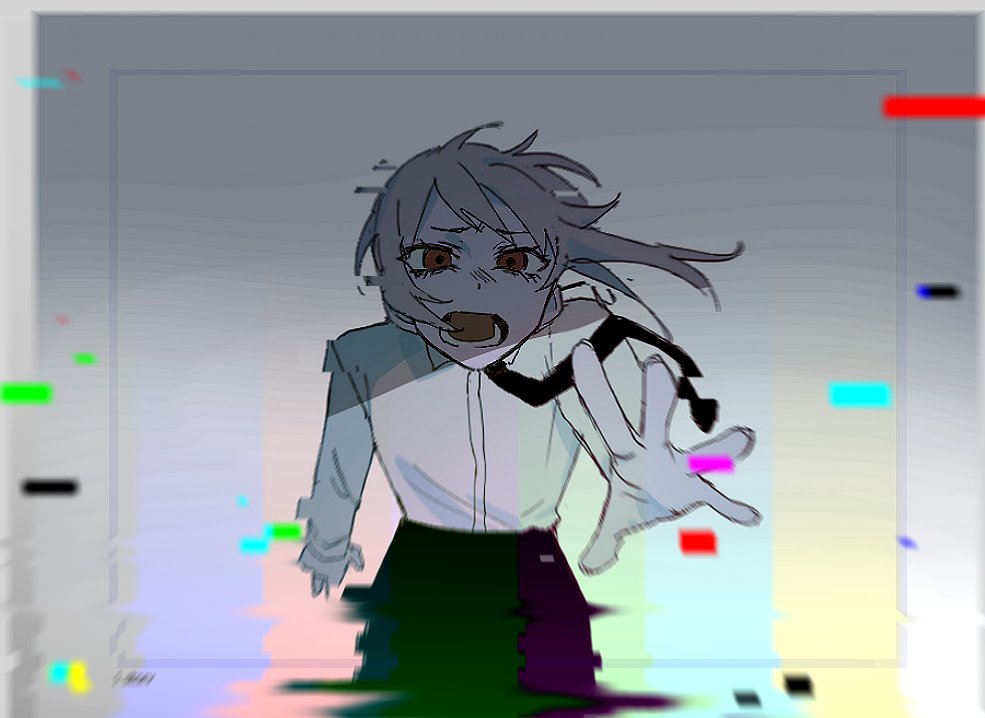 1girl black_neckwear brown_hair buttoniris chromatic_aberration dot_nose eyes_visible_through_hair fingernails glitch looking_at_viewer lower_teeth medium_hair necktie open_hands open_mouth original reaching_out red_eyes solo teeth tongue wind