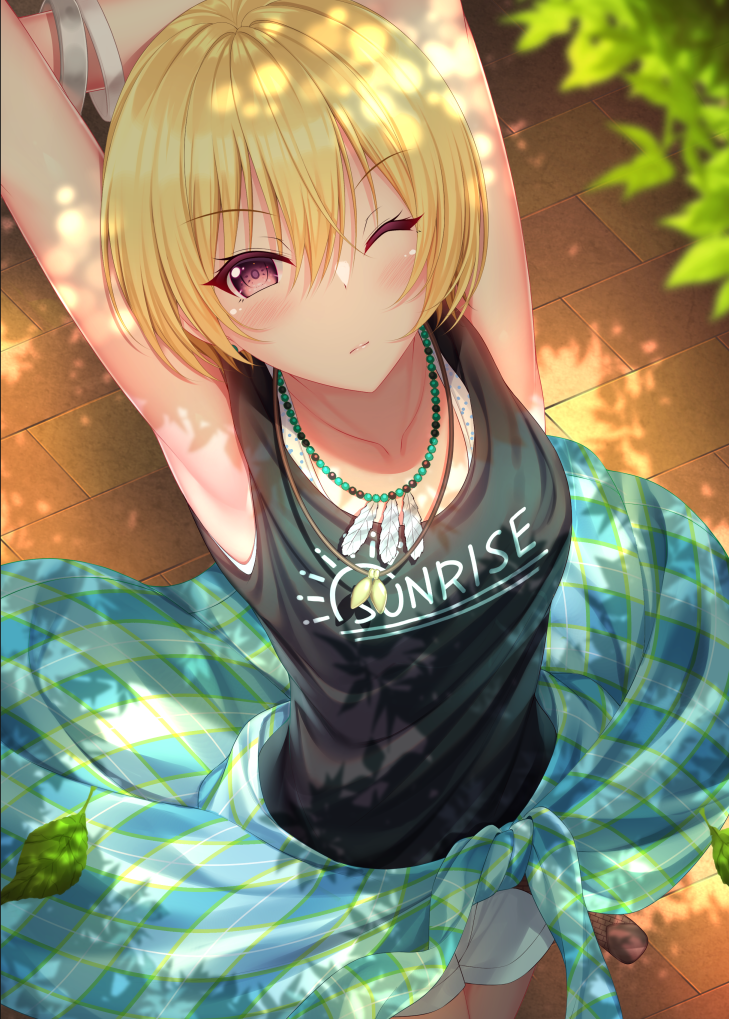 1girl armpits bangs bare_arms bare_shoulders black_shirt blonde_hair blurry blurry_foreground blush breasts closed_mouth clothes_around_waist clothes_writing collarbone commentary_request depth_of_field english_text eyebrows_visible_through_hair from_above hair_between_eyes idolmaster idolmaster_shiny_colors leaf looking_at_viewer looking_up one_eye_closed plaid red_eyes saijou_juri shirt short_shorts shorts sleeveless sleeveless_shirt small_breasts solo white_shorts yunagi_amane