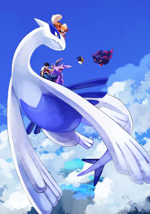 1boy above_clouds baseball_cap black_hair blue_pants clouds commentary_request day donta30303 gen_1_pokemon gen_2_pokemon growlithe hand_up hat hat_removed headwear_removed indian_style jacket legendary_pokemon lugia male_focus misdreavus nidorino outdoors pants pokemon pokemon_(creature) pokemon_(game) pokemon_rgby red_(pokemon) riding_pokemon short_sleeves sitting wind wristband