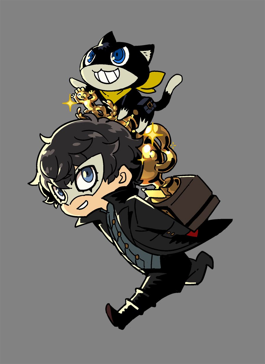 1boy amamiya_ren bandana black_cat black_hair black_jacket black_pants blue_eyes carrying cat chibi commentary_request full_body gloves grey_background highres himukai_yuuji jacket long_sleeves male_focus mask morgana_(persona_5) pants persona persona_5 popped_collar pouch red_gloves short_hair simple_background trophy yellow_neckwear