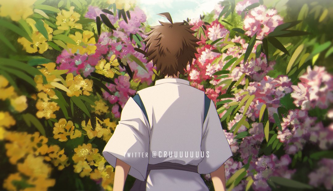 1boy ahoge brown_hair commentary cosplay criis-chan dangan_ronpa day english_commentary facing_away flower from_behind haku_(sen_to_chihiro_no_kamikakushi) haku_(sen_to_chihiro_no_kamikakushi)_(cosplay) hinata_hajime male_focus outdoors pink_flower sen_to_chihiro_no_kamikakushi shirt short_hair sleeves_past_elbows solo spiky_hair super_dangan_ronpa_2 twitter_username upper_body white_shirt yellow_flower