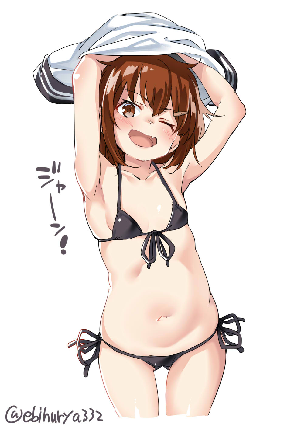 1girl armpits arms_up bikini black_bikini blush breasts brown_eyes brown_hair commentary_request duplicate ebifurya hair_ornament hairclip highres ikazuchi_(kantai_collection) kantai_collection long_hair looking_at_viewer navel one_eye_closed open_mouth simple_background small_breasts solo swimsuit twitter_username undressing white_background