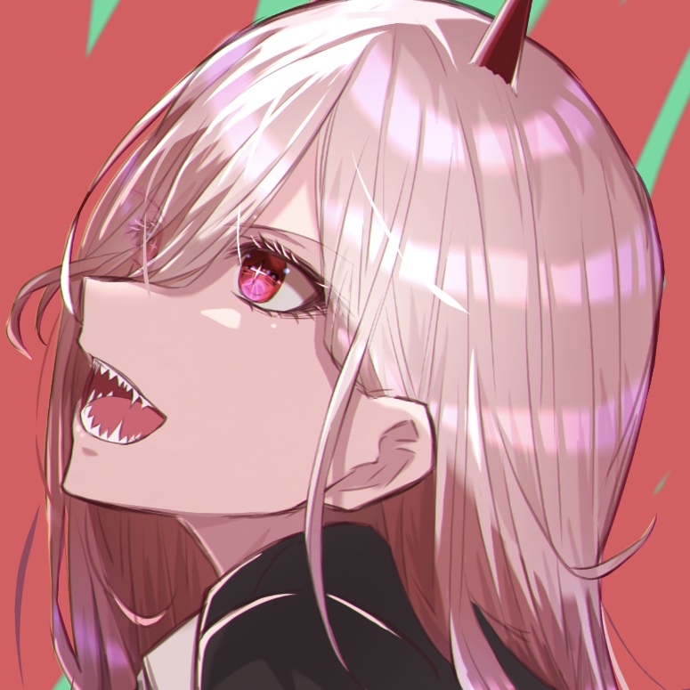 1girl bangs black_jacket bright_pupils chainsaw_man collared_shirt commentary_request crosshair_pupils dande_cat demon_girl demon_horns eyes_visible_through_hair from_side hair_between_eyes horns jacket long_hair looking_to_the_side open_mouth pink_hair portrait power_(chainsaw_man) red_background red_horns sharp_teeth shiny shiny_hair shirt solo teeth white_shirt