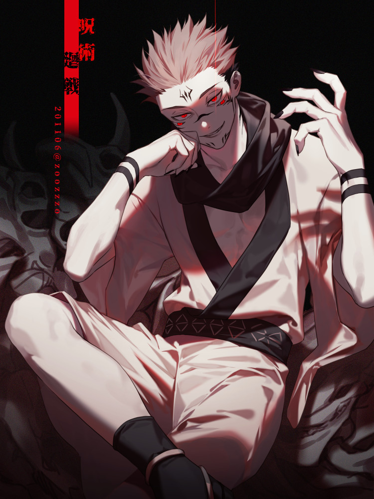 1boy black_background black_legwear black_nails black_scarf brown_hair chin_rest crossed_legs dated extra_eyes facial_tattoo feet_out_of_frame fingernails hand_up itadori_yuuji japanese_clothes jujutsu_kaisen kanji kimono looking_at_viewer male_focus red_eyes ryoumen_sukuna_(jujutsu_kaisen) scarf sharp_fingernails short_hair sitting skull smile socks solo tattoo twitter_username white_kimono wuzhiang_liufu