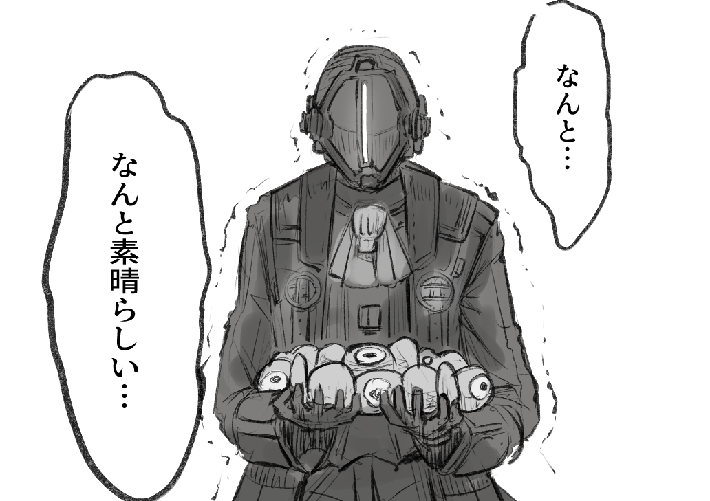 1boy ascot bondrewd cluseller coat commentary_request gloves greyscale hands_up helmet holding long_sleeves made_in_abyss male_focus monochrome shirt simple_background sketch solo talking translation_request upper_body white_background