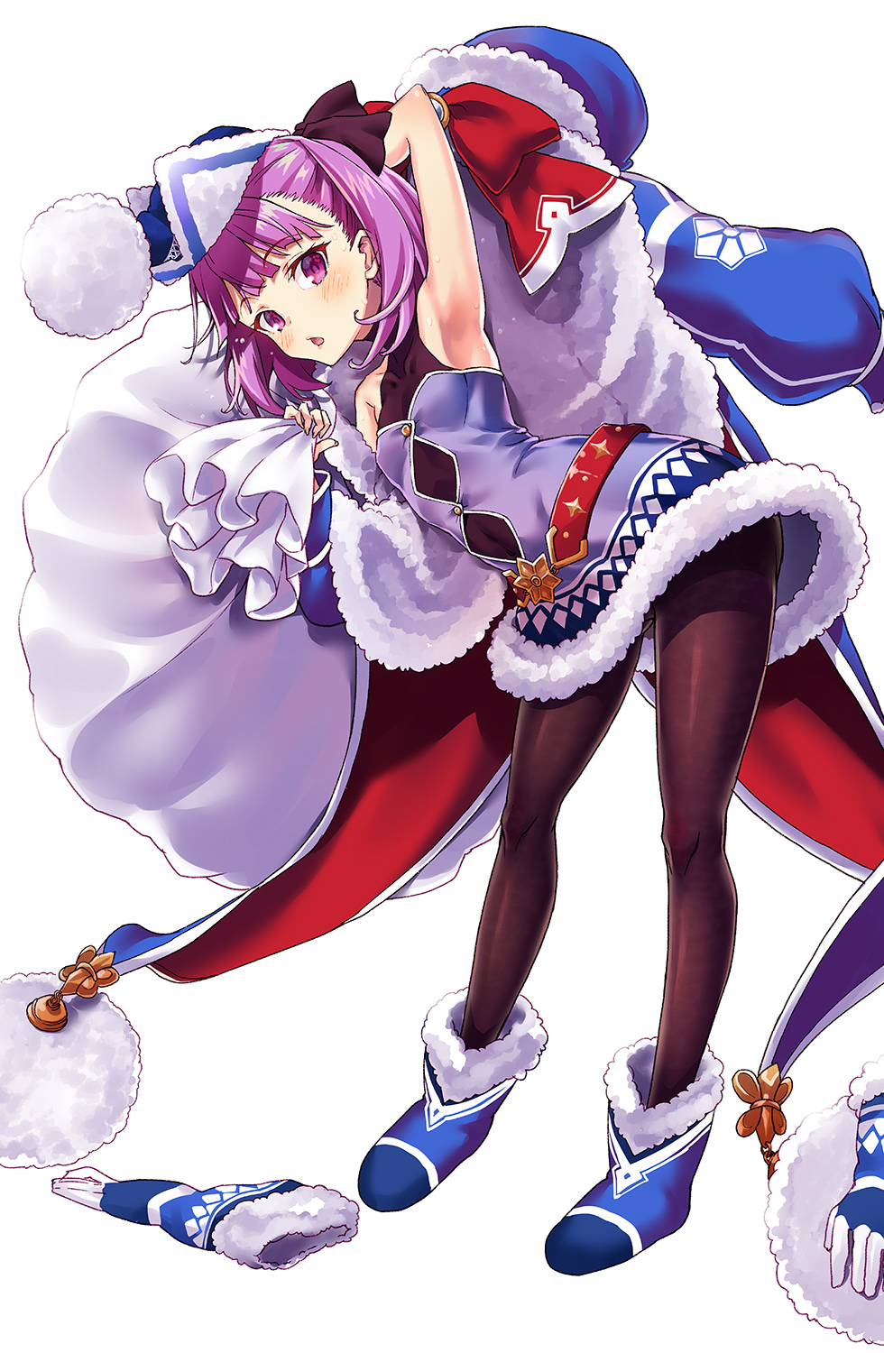 1girl ankle_boots arm_up armpits bangs belt black_legwear black_ribbon blue_dress blue_footwear blue_headwear blue_santa_costume blush boots boshi_(a-ieba) breasts carrying_over_shoulder commentary dress eyebrows_visible_through_hair fate/grand_order fate_(series) fur-trimmed_boots fur-trimmed_dress fur_coat fur_trim hair_ribbon halterneck hat helena_blavatsky_(fate/grand_order) highres holding holding_sack leaning_forward looking_at_viewer off_shoulder open_mouth oversized_object pantyhose purple_hair red_belt ribbon sack santa_costume santa_hat short_dress short_hair simple_background sleeveless sleeveless_dress small_breasts snowflake_print solo standing sweat violet_eyes white_background