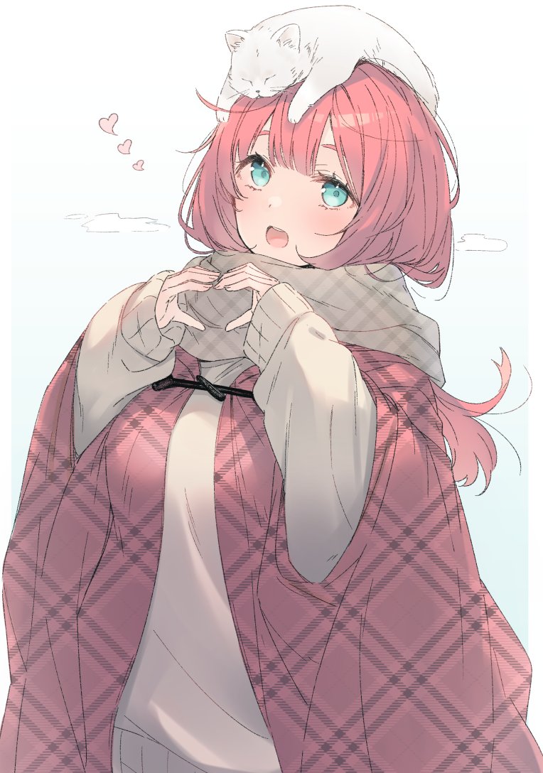 1girl :d animal_on_head blue_eyes blush cat cat_on_head checkered checkered_scarf coat enpera grey_scarf grey_sweater hands_up heart heart_hands long_hair long_sleeves looking_at_viewer nekoume on_head open_mouth original pink_hair round_teeth scarf smile solo sweater teeth unmoving_pattern upper_teeth white_cat