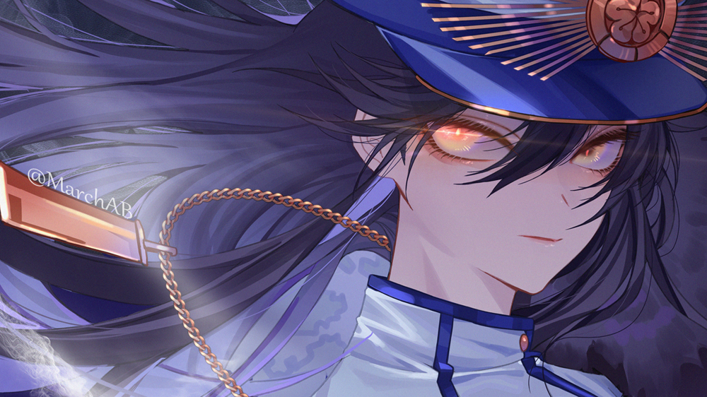 1girl black_hair close-up dark_background fate/grand_order fate_(series) glowing glowing_eyes hair_between_eyes hat jewelry long_hair long_sleeves marchab_66 necklace oda_nobunaga_(fate) oda_nobunaga_(fate)_(all) oda_uri peaked_cap solo twitter_username yellow_eyes