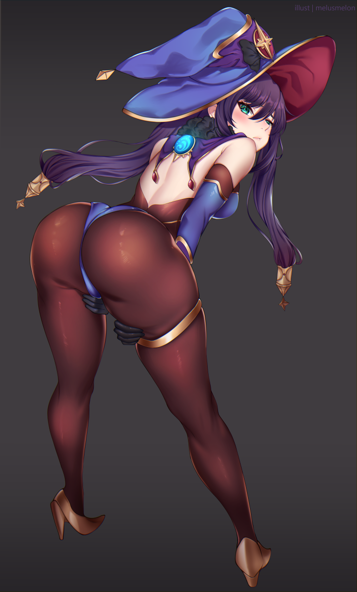 1girl aqua_eyes artist_name ass back bare_shoulders bent_over black_gloves black_hair black_legwear blue_headwear blue_leotard blush breasts closed_mouth commentary dark_background facing_away full_body gem genshin_impact gloves gold_trim hair_ornament hands_on_own_legs hat high_heels highres legs leotard long_hair long_sleeves looking_at_viewer looking_back mage melusmelon mona_(genshin_impact) pantyhose solo standing star_(symbol) thigh_grab thigh_strap thighs twintails vision_(genshin_impact) witch_hat wizard_hat