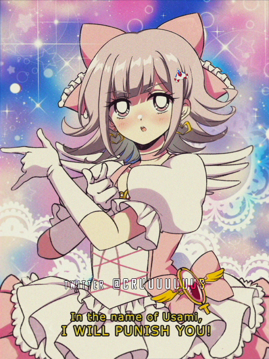 1990s_(style) 1girl :o \m/ alternate_costume bangs bishoujo_senshi_sailor_moon blush bow choker cowboy_shot criis-chan dangan_ronpa dress earrings english_text engrish_text eyebrows_visible_through_hair frilled_dress frills gem gloves hair_bow hair_ornament hairclip heart heart_earrings jewelry large_bow looking_at_viewer magical_girl nanami_chiaki open_mouth pink_bow pink_choker pink_dress pink_eyes puffy_short_sleeves puffy_sleeves ranguage short_sleeves solo sparkle subtitled super_dangan_ronpa_2 tsuki_ni_kawatte_oshioki_yo twitter_username watermark white_dress white_gloves