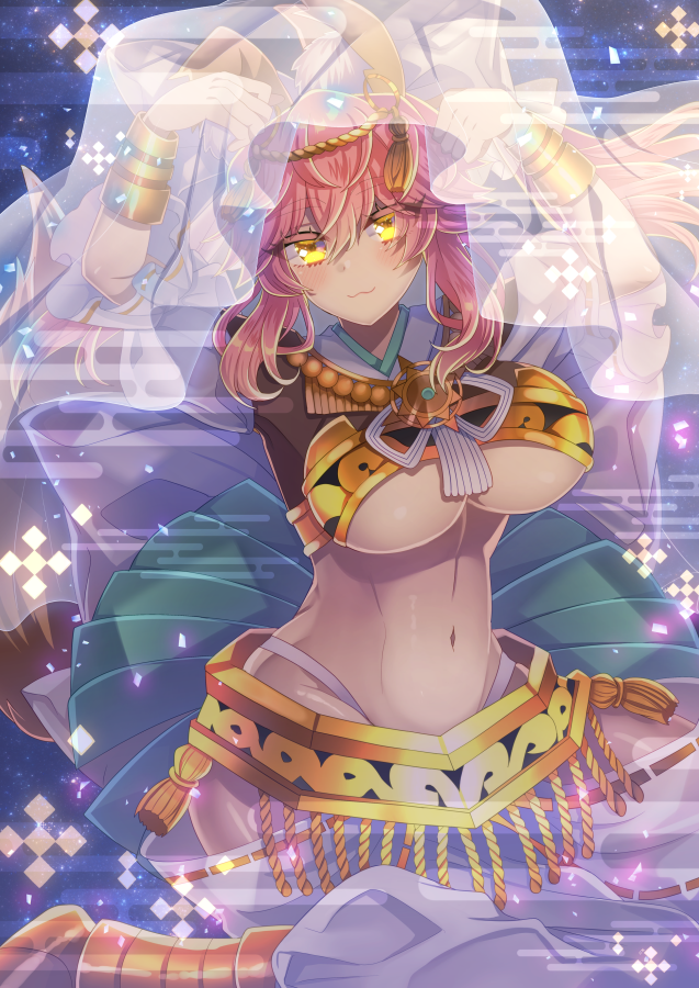 1girl :3 amaterasu_(fate) animal_ear_fluff animal_ears blush breasts commentary_request eyebrows_visible_through_hair fate/extra fate/extra_ccc fate_(series) fox_ears fox_girl fox_tail gold_armor gold_bracelet large_breasts looking_at_viewer merichi_(ogaomega) navel pink_hair sitting solo tail tamamo_(fate)_(all) tamamo_no_mae_(fate) under_boob veil yellow_eyes