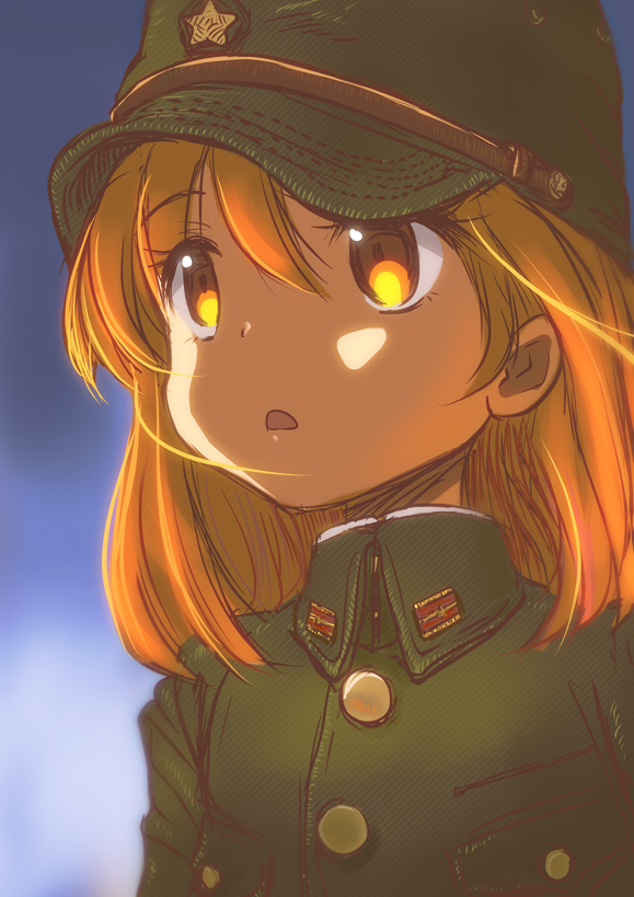 1girl blonde_hair clouds commentary hat imperial_japanese_army looking_afar m_tap medium_hair military military_uniform open_mouth original sketch sky soldier solo uniform upper_body wind world_war_ii yellow_eyes