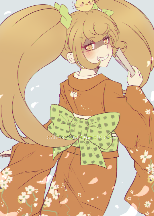 &gt;_&lt; 1girl bangs bird blonde_hair bow cowboy_shot criis-chan dangan_ronpa evil_smile fan floral_print folding_fan from_behind green_bow grin hair_bow hair_ornament hand_up holding holding_fan japanese_clothes kimono large_bow long_hair looking_at_viewer looking_back obi orange_kimono print_kimono saionji_hiyoko sash shaded_face sleeves_past_wrists smile super_dangan_ronpa_2 twintails