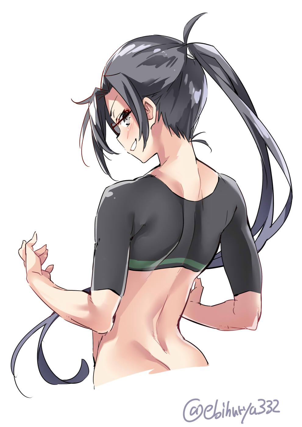 1girl amagiri_(kantai_collection) black_hair blush commentary_request ebifurya from_behind glasses grey_eyes hair_between_eyes highres kantai_collection long_hair looking_at_viewer ponytail shirt simple_background smile solo twitter_username white_background