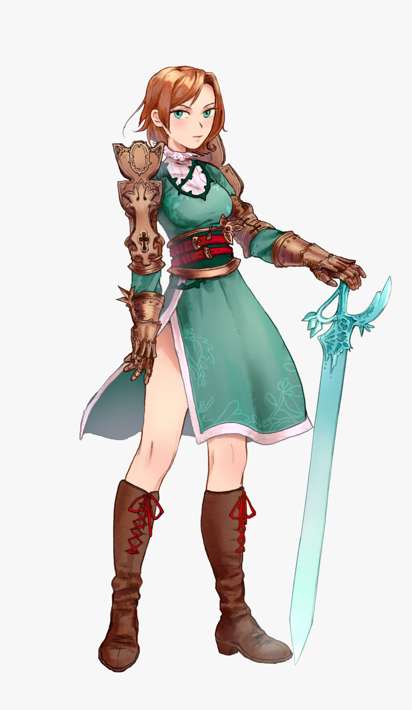 1girl aqua_eyes armor belt boots brown_hair cross-laced_footwear dress final_fantasy final_fantasy_tactics_a2 final_fantasy_tactics_advance frimelda_lotice full_body gauntlets green_dress grey_background hand_on_hilt high_collar highres jnr.btts knee_boots lace-up_boots multiple_belts short_hair shoulder_armor side_slit solo spaulders transparent_sword