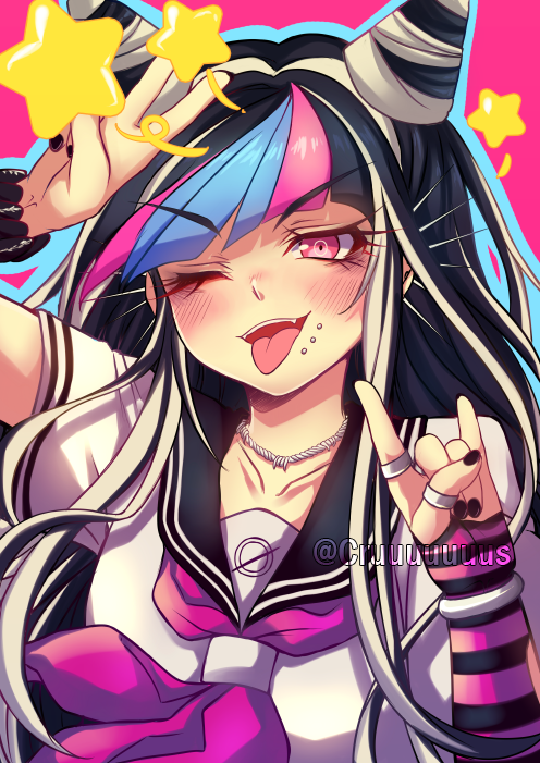 1girl ;d arm_up bangs black_hair black_nails blue_hair blush collarbone criis-chan dangan_ronpa ear_piercing eyebrows_visible_through_hair fangs hand_up jewelry lip_piercing long_hair looking_at_viewer mioda_ibuki multicolored_hair neckerchief one_eye_closed open_mouth piercing pink_background pink_eyes pink_hair ring school_uniform serafuku shirt short_sleeves simple_background skirt smile solo star_(symbol) super_dangan_ronpa_2 thumb_ring tongue tongue_out twitter_username upper_body white_hair white_shirt