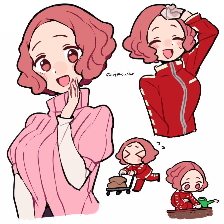 &gt;_&lt; 1girl :d blush brown_eyes brown_hair cart closed_eyes do_m_kaeru garden gardening gloves long_sleeves okumura_haru open_mouth persona persona_5 pink_sweater red_track_suit ribbed_sweater short_hair short_over_long_sleeves short_sleeves smile sweatdrop sweater track_suit watering_can wiping_forehead