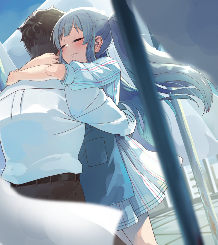 1boy 1girl apron bangs blue_apron blunt_bangs blush byougaku closed_eyes closed_mouth clothesline ears eyebrows_visible_through_hair grey_hair hug idolmaster idolmaster_shiny_colors outdoors pinstripe_dress pinstripe_pattern producer_(idolmaster) rooftop shirt sidelocks standing striped twintails white_shirt yuukoku_kiriko