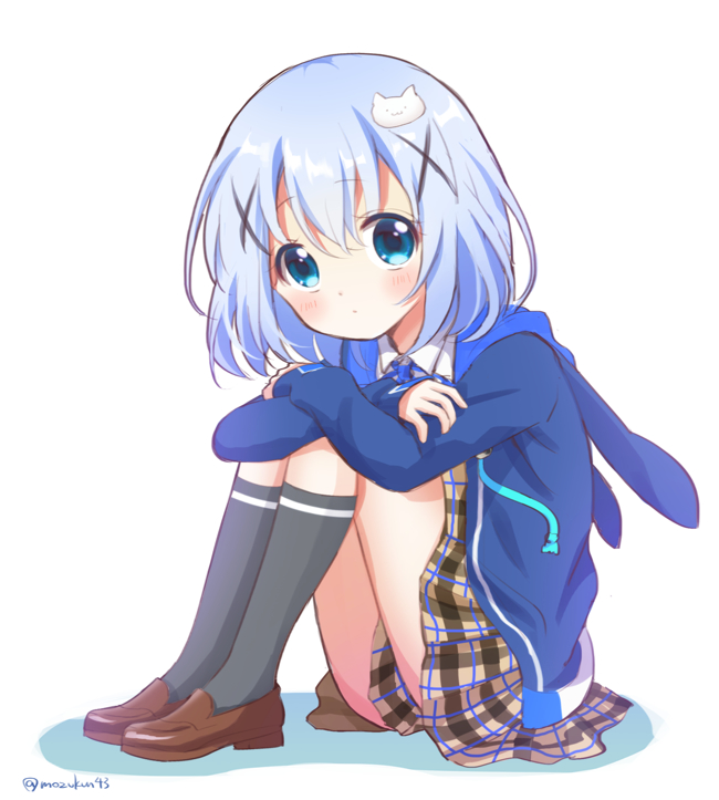 1girl animal_ears animal_hood arms_on_knees bangs black_legwear blue_eyes blue_hair blue_hoodie blue_ribbon blush brown_footwear brown_skirt bunny_hood collared_shirt commentary_request expressionless fake_animal_ears gochuumon_wa_usagi_desu_ka? hair_ornament hood hood_down hooded_jacket hoodie jacket loafers long_sleeves looking_at_viewer mozukun43 neck_ribbon plaid plaid_skirt pleated_skirt ribbon shirt shoes short_hair simple_background sitting skirt socks solo twitter_username white_background white_shirt x_hair_ornament