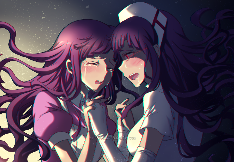 2girls apron bandages bangs blush breasts closed_eyes commentary criis-chan crying dangan_ronpa dress dual_persona elbow_gloves floating_hair from_side gloves glowing glowing_eye holding_hands long_hair medium_breasts mole mole_under_eye multiple_girls nurse open_mouth puffy_short_sleeves puffy_sleeves purple_hair saliva shiny shiny_hair short_sleeves super_dangan_ronpa_2 tsumiki_mikan upper_body upper_teeth wavy_hair white_apron white_dress white_gloves