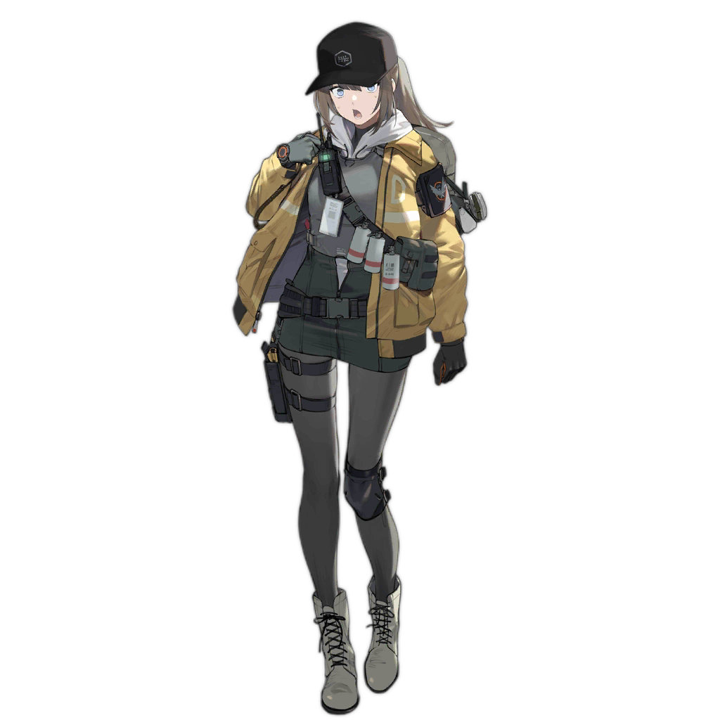 1girl alternate_costume armband baseball_cap belt costume duoyuanjun explosive girls_frontline grenade hat holster holstered_weapon jacket knee_pads looking_at_viewer solo surprised tactical_clothes tom_clancy's_the_division walkie-talkie watch watch yellow_jacket